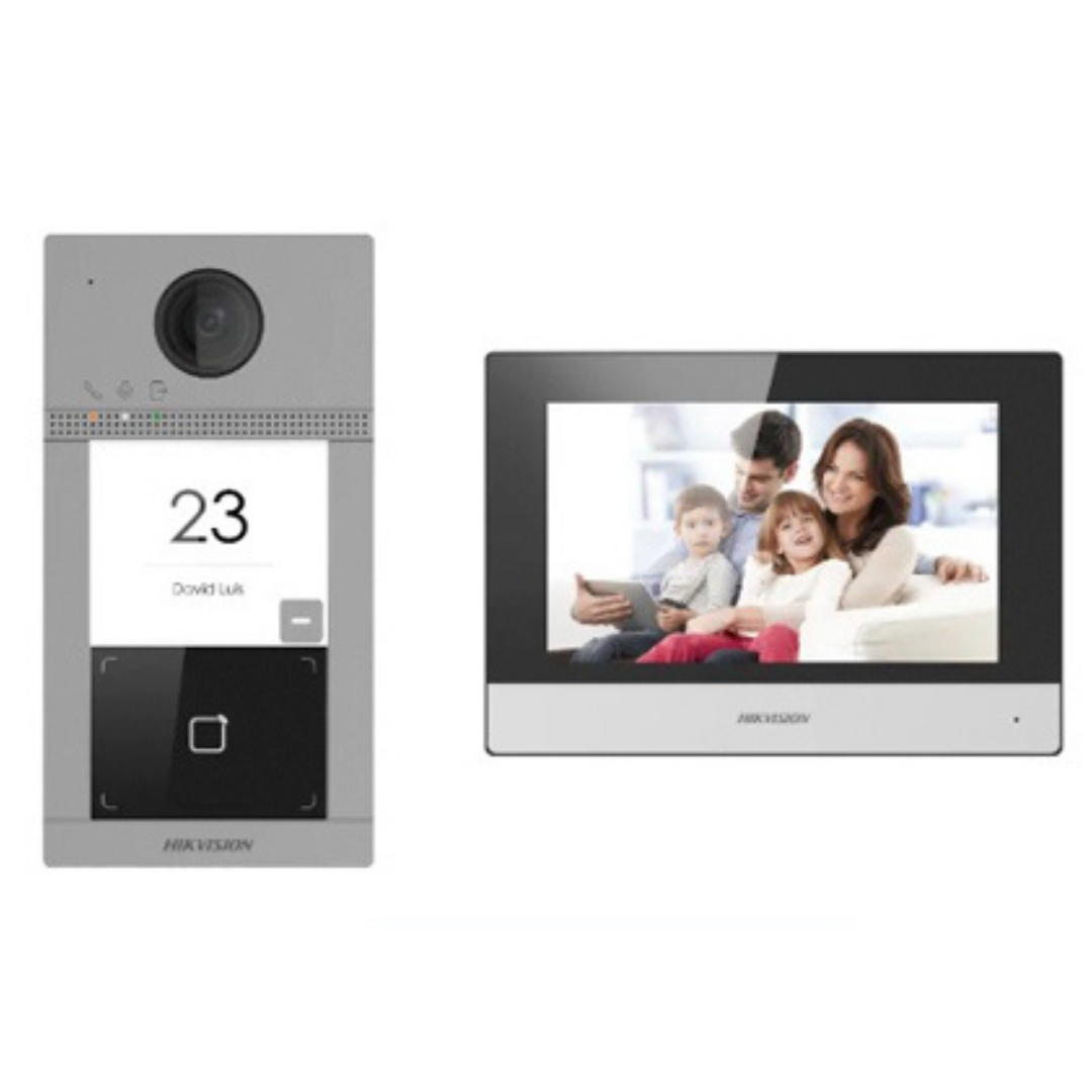 DS-KIS604-P(C) - Video portero y Pantalla Hikvision IP alimentado por POE estándar. Cámara Full HD de 2 mp. Pantalla táctil colorida de 7 pulg con resoluc 1024 600. Admite red inalámbri