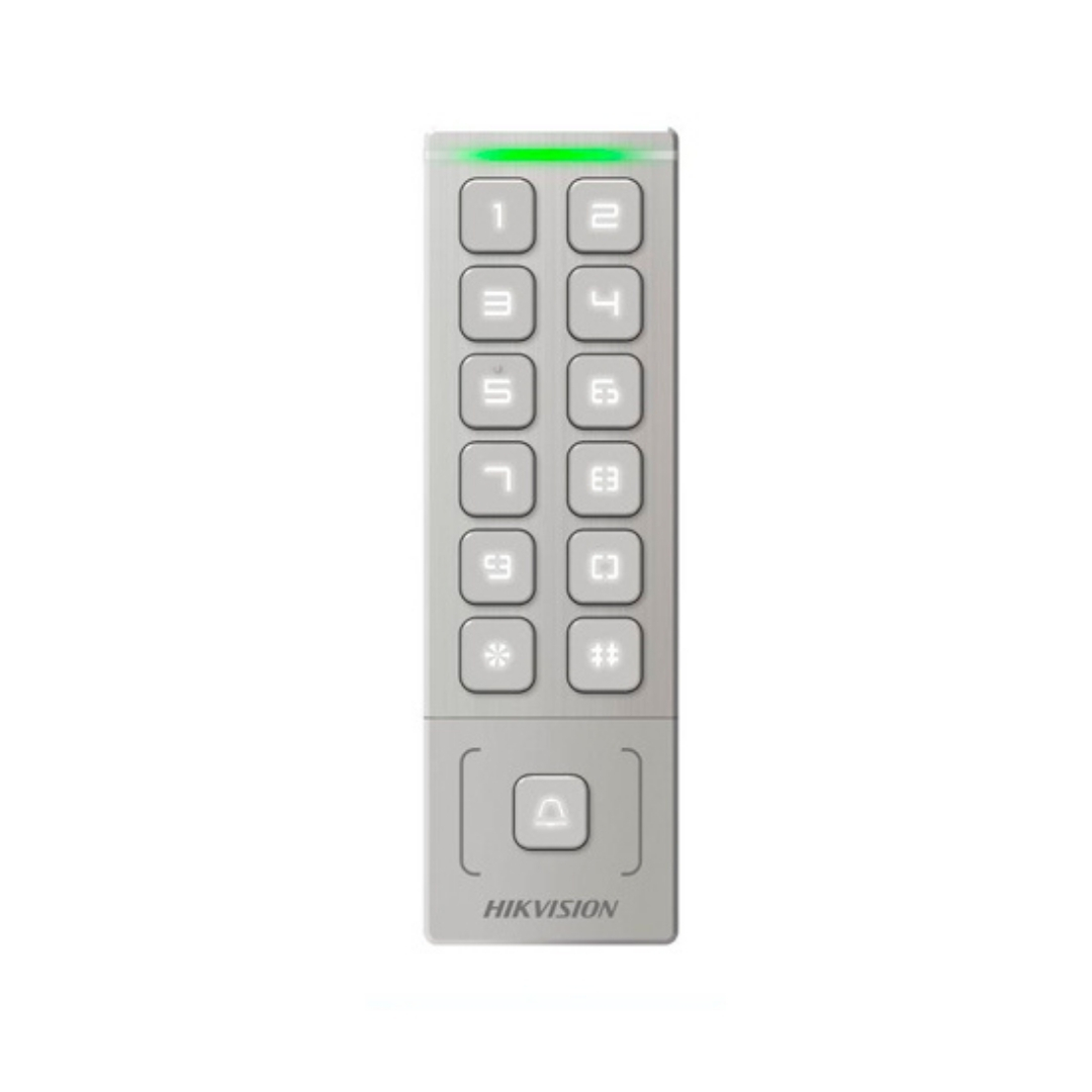 DS-K1T809MX - LECTOR DE TARJETAS CON TECLADO Y TIMBRE, IP65, SOPORTA WIEGAND 26/34.
